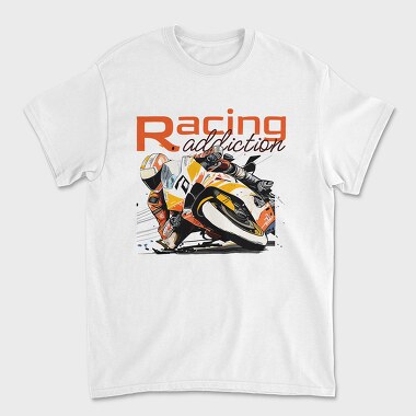 Tilted Competition Motorcycle With Rider Racing Addiction, Unisex Men's T-Shirt