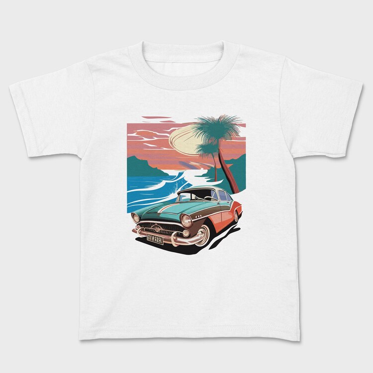 80S Classic Car Sunset Mountains Beach Trees, Детска Тениска