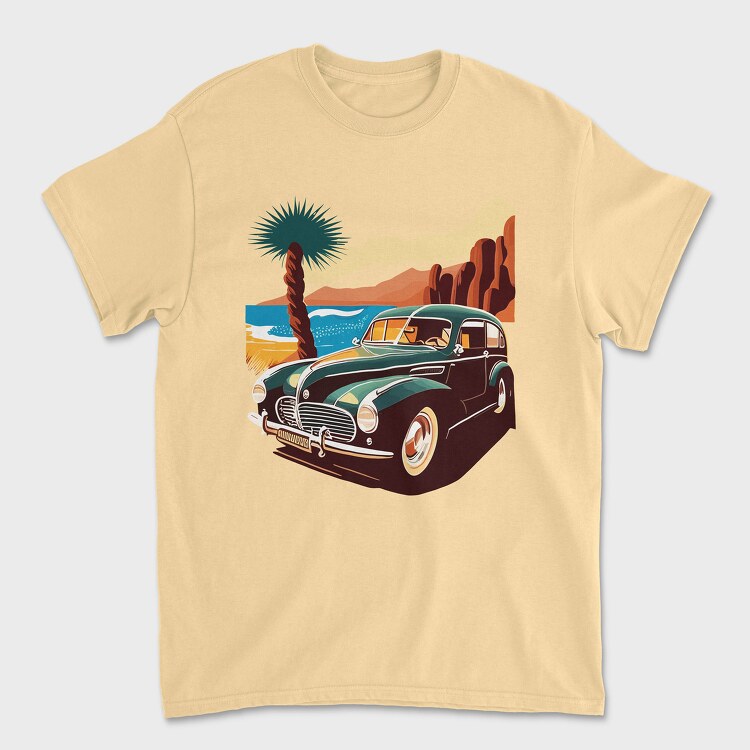 Classic 80S Car Mountains Sunset Beach Trees, Unisex Men's T-Shirt