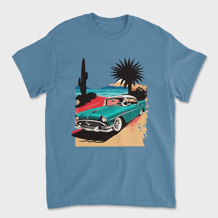 Classic Car Beach Sunset Trees, Unisex Men's T-Shirt