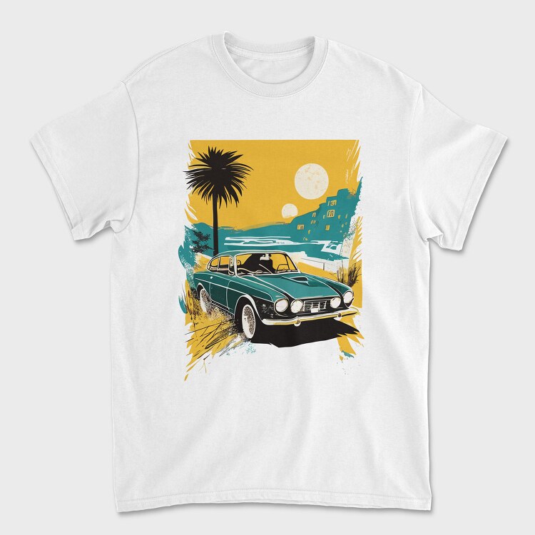 Classic Car Palm Trees Sun Sea City, Unisex Men's T-Shirt