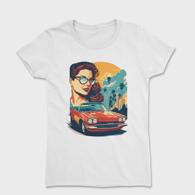 Classic Convertible Car With Sky Palm Trees, Women's T-Shirt