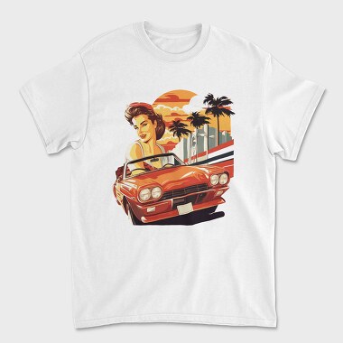 Iconic Convertible Car Withand Girl, Unisex Men's T-Shirt