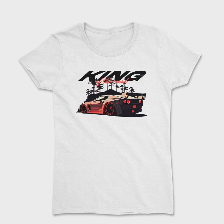 King of the Road Sports Car Parked Mountain Trees, Дамска Тениска