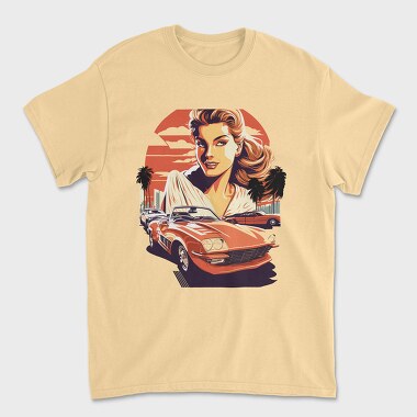 Retro Car Convertible With Girl and Trees, Unisex Men's T-Shirt