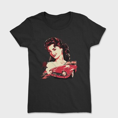 Retro Car Convertible With Girl, Дамска Тениска