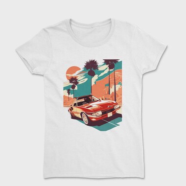 Retro Car Convertible With Mountains, Дамска Тениска