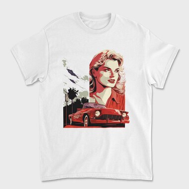 Retro Convertible Car With Woman and Nature, Unisex Men's T-Shirt