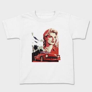 Retro Convertible Car With Woman and Nature, Детска Тениска