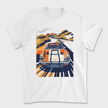 Unisex Men's T-Shirt, Sports Car Rolling Mountains Sunset Trees