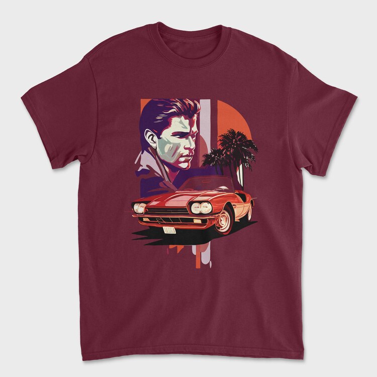 Vintage Car Convertible With Man and Trees, Unisex Men's T-Shirt