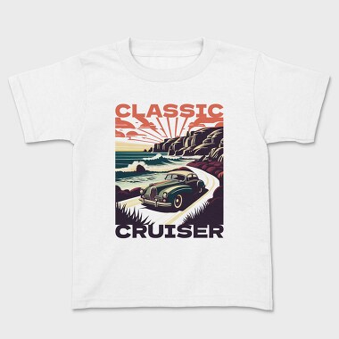 Vintage Car Driving Coastal Road, Kids' T-Shirt