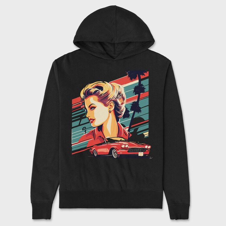 Vintage Car Convertible With Girl and Trees, Unisex Men's Hoodie