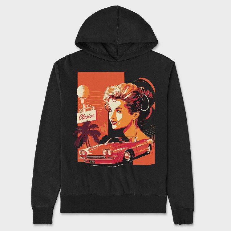 Classic Convertible Car Palm Trees Retro Girl, Unisex Men's Hoodie