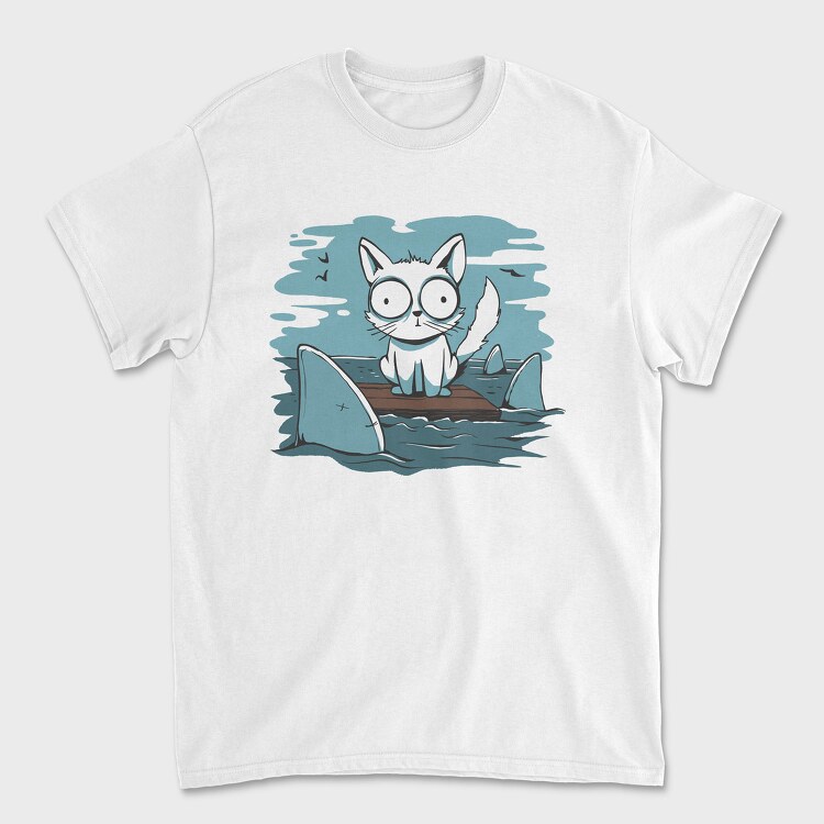 Cat Anxious Sharks Cartoon, Unisex Men's T-Shirt