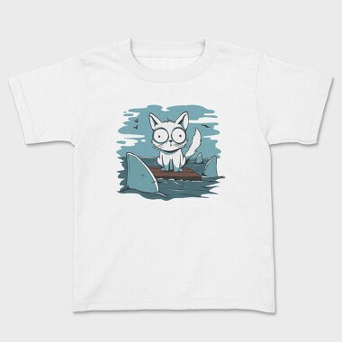 Cat Anxious Sharks Cartoon, Kids' T-Shirt