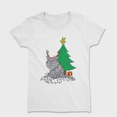 Cat Tangled in Christmas Lights, Women's T-Shirt