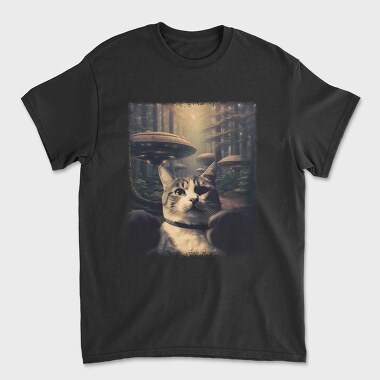 Cat With Alien Spaceships, Unisex Men's T-Shirt