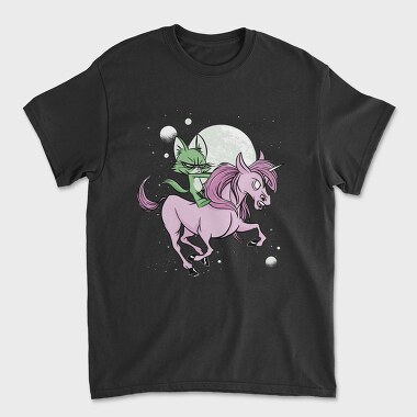 Green Cat Riding Unicorn, Unisex Men's T-Shirt