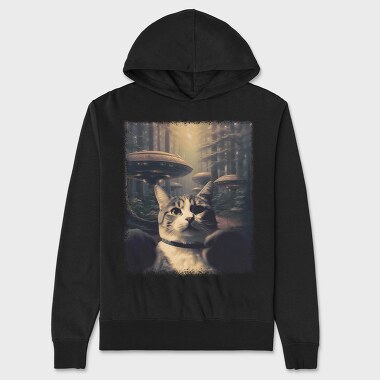 Cat With Alien Spaceships, Unisex Men's Hoodie