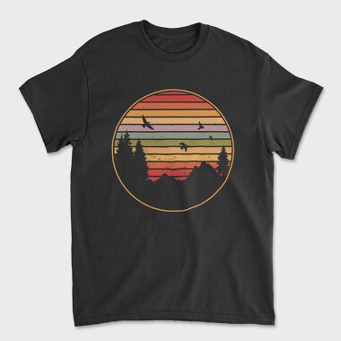 Mountains and Tree Retro Sunset, Unisex Men's T-Shirt