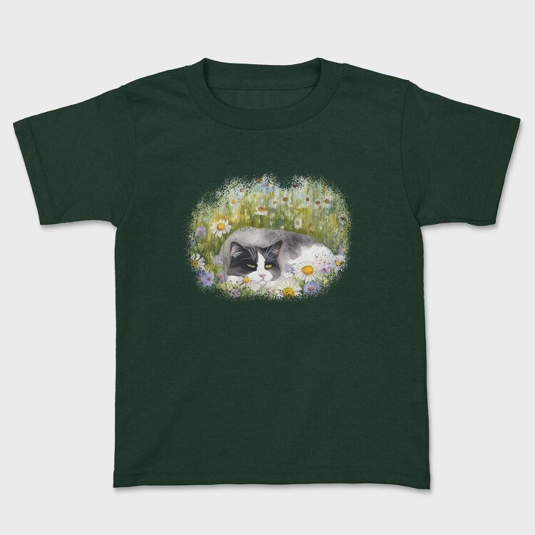Cat Sleeping in Flower Field, Детска Тениска