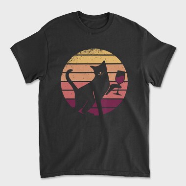 Cat With a Glass of Wine Retro Sunset, Unisex Men's T-Shirt