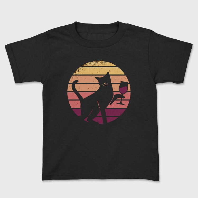 Cat With a Glass of Wine Retro Sunset, Kids' T-Shirt