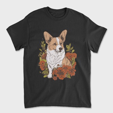 Corgi Dog Red Flowers, Unisex Men's T-Shirt