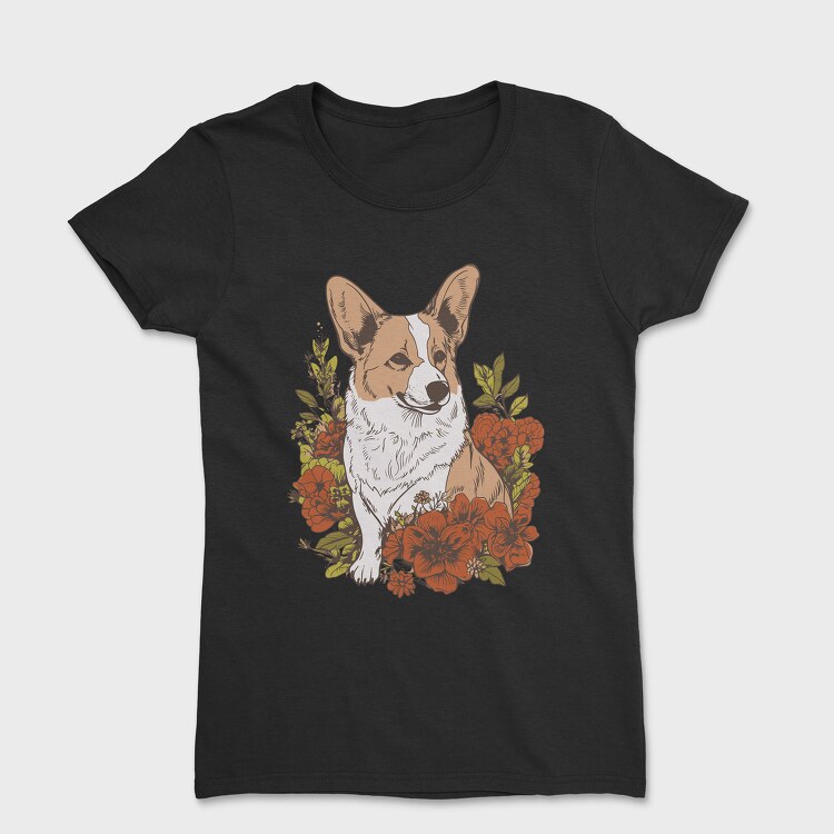 Corgi Dog Red Flowers, Дамска Тениска