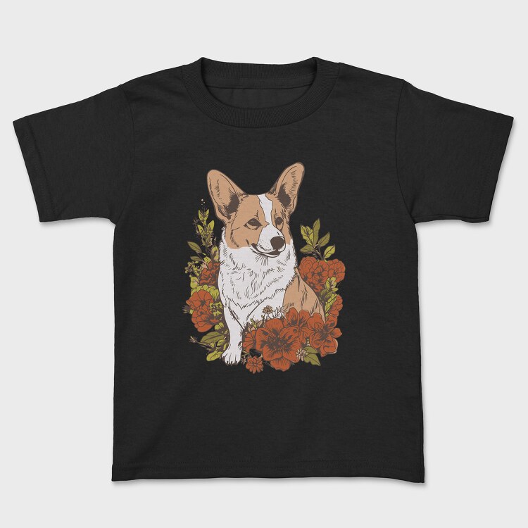 Corgi Dog Red Flowers, Kids' T-Shirt