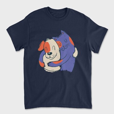 Unisex Men's T-Shirt, Blue Cat and Dog Hugging