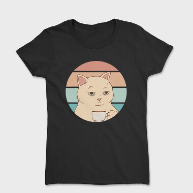 Women's T-Shirt, Bored Cat With Coffee
