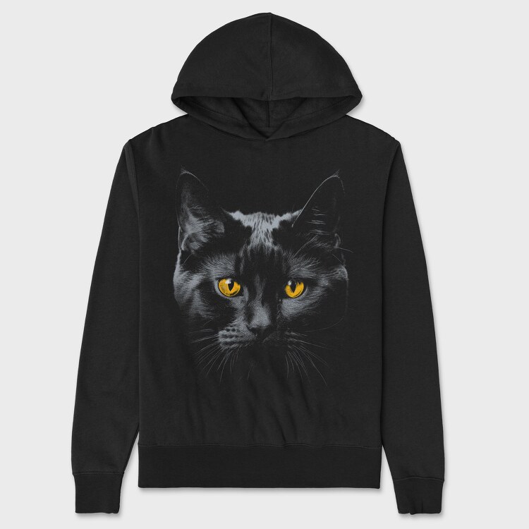 Monochrome Cat Contrast Yellow Eyes, Unisex Men's Hoodie