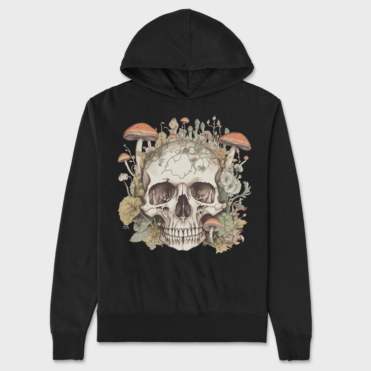 Skull With Mushrooms and Flowers, Unisex Men's Hoodie